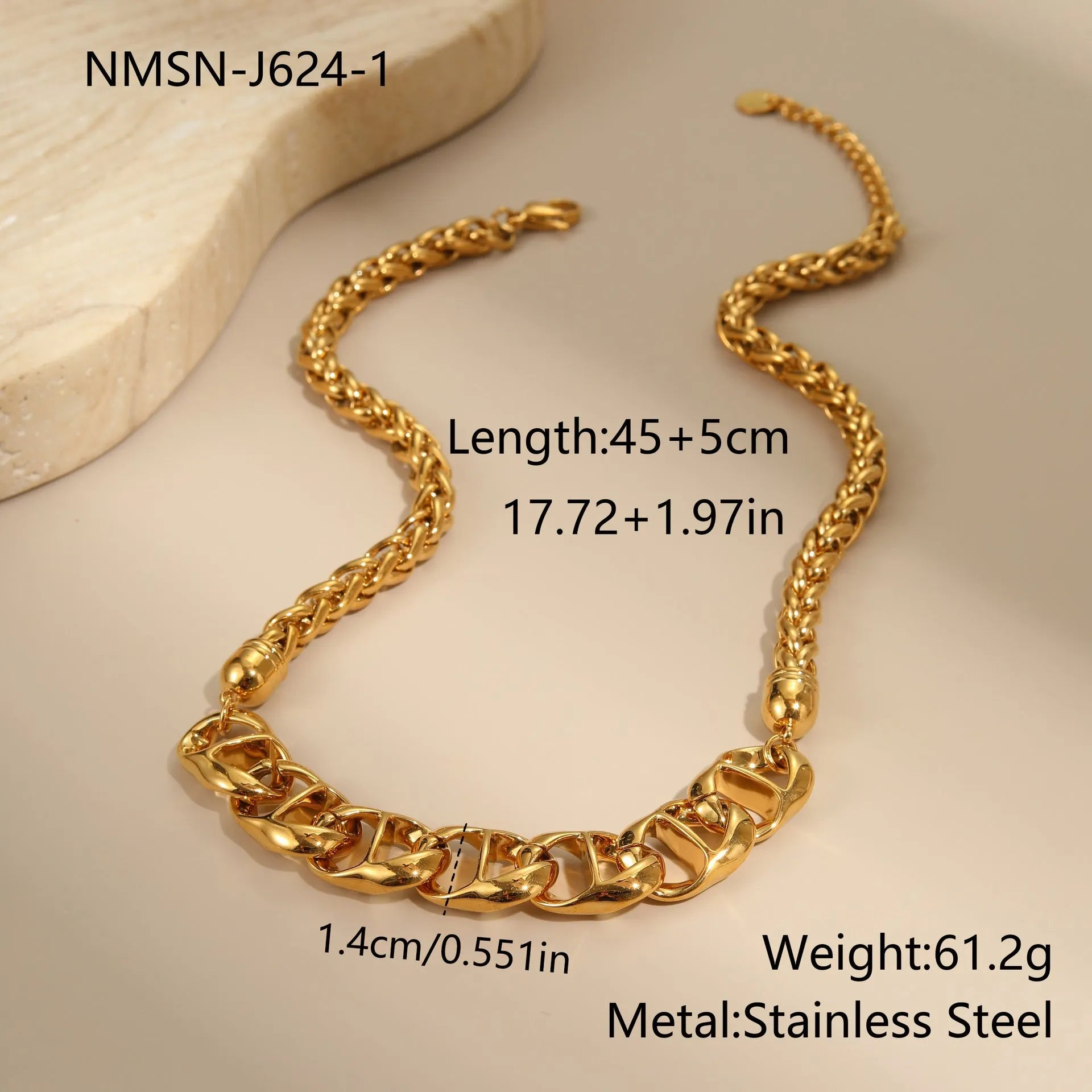 Gold plated stainless steel necklace with geometric pendant on regular chain for women