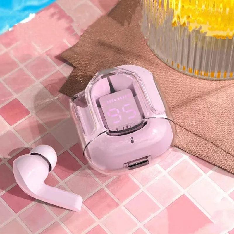 Transparent space capsule case containing true wireless Bluetooth earphones with digital display screen