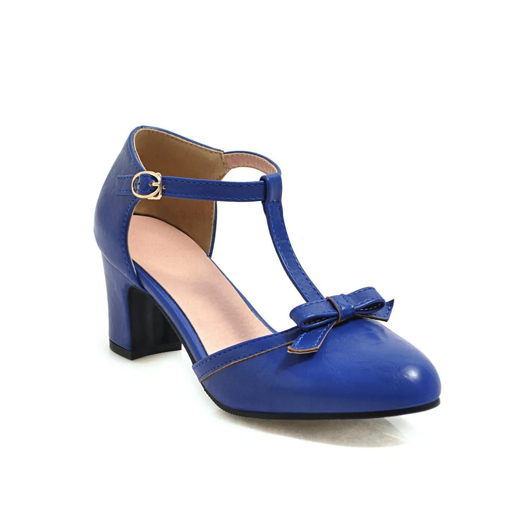 Women's chunky heel sandals with adjustable buckle strap and bow detail