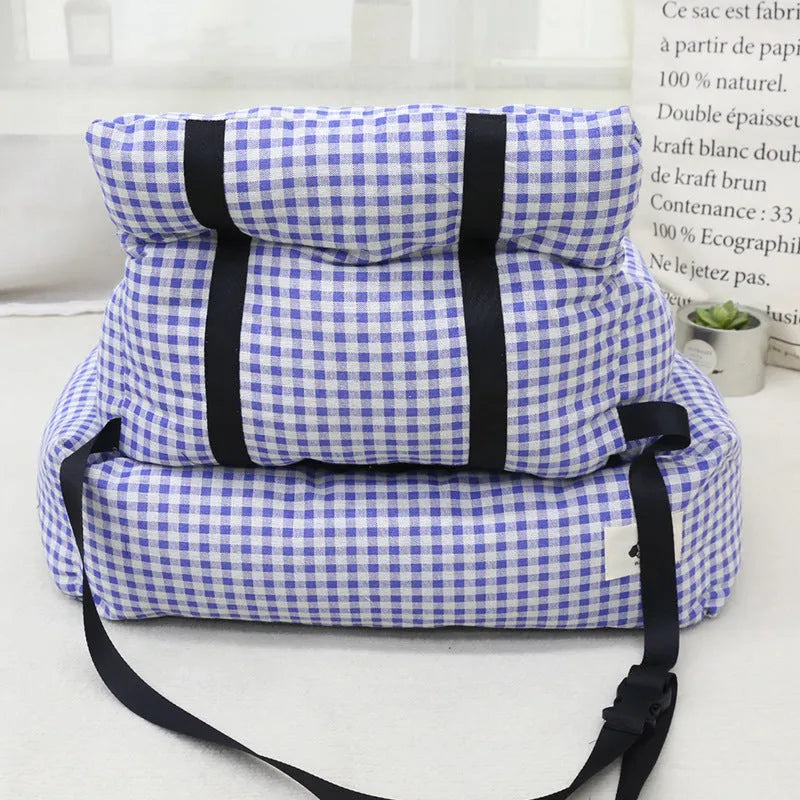 Gray and Blue Plaid cloth dog car bed nest for pet travel on vehicle seat