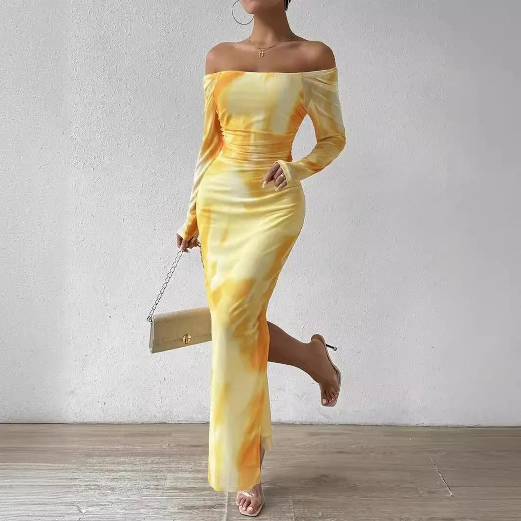 Women's printed mesh fishtail dress with gradient colour and square collar in multiple colour options