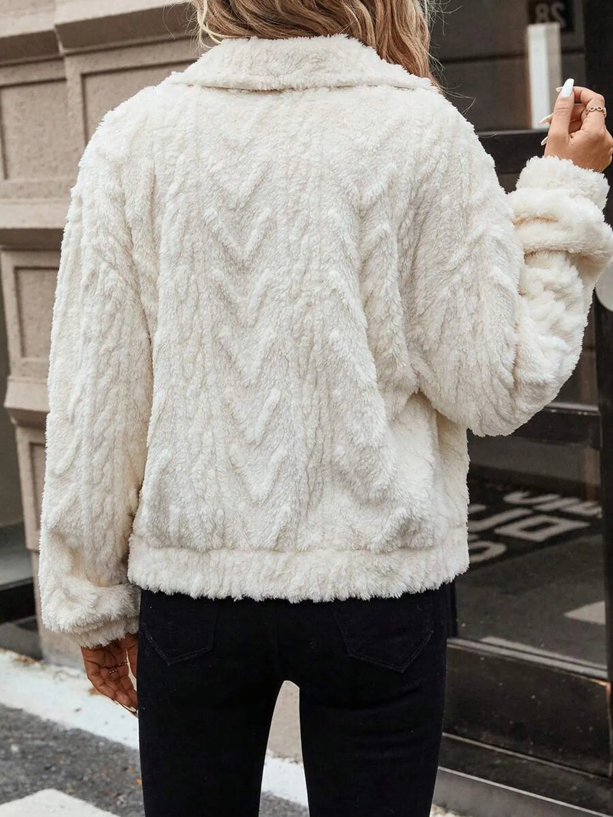 Ivory white women's double-sided plush button cardigan with long sleeves