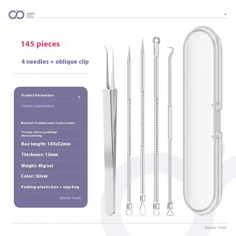 Four metal acne needles with ultra fine points stored in a black plastic clip.