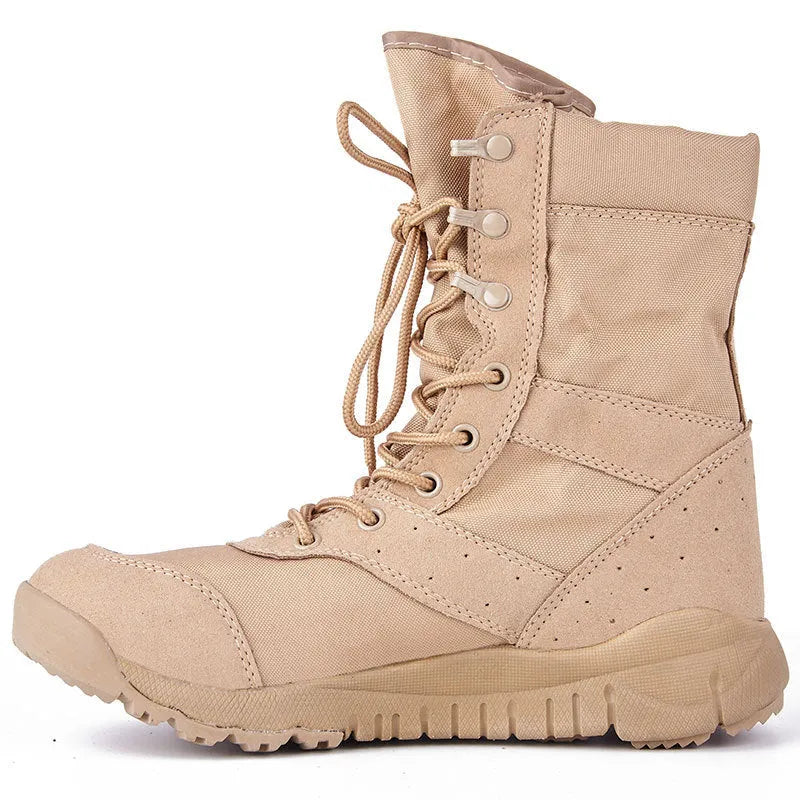 Yulong unisex tactical desert combat boots in black and sand colours, shown as outdoor climbing shoes.