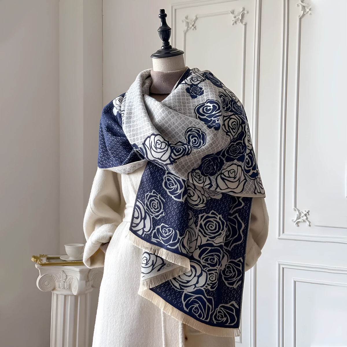 Imitation cashmere winter scarf in gray colour with tassel detailing