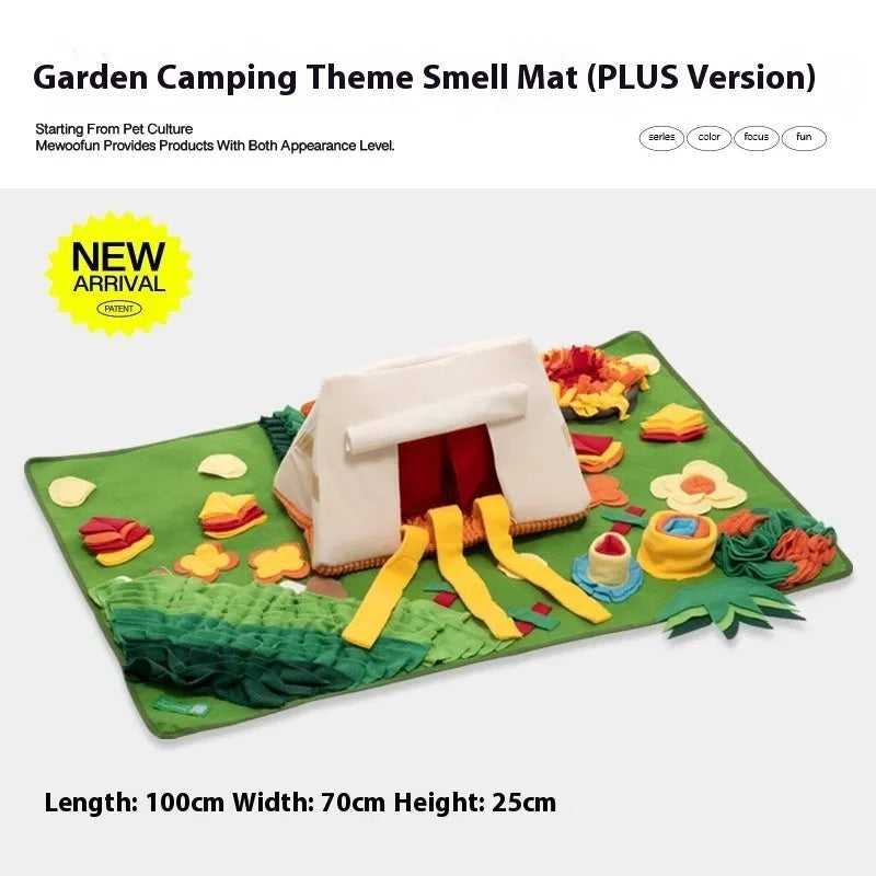 Garden Camping themed fabric dog sniffing mat for hiding treats as a puzzle activity.