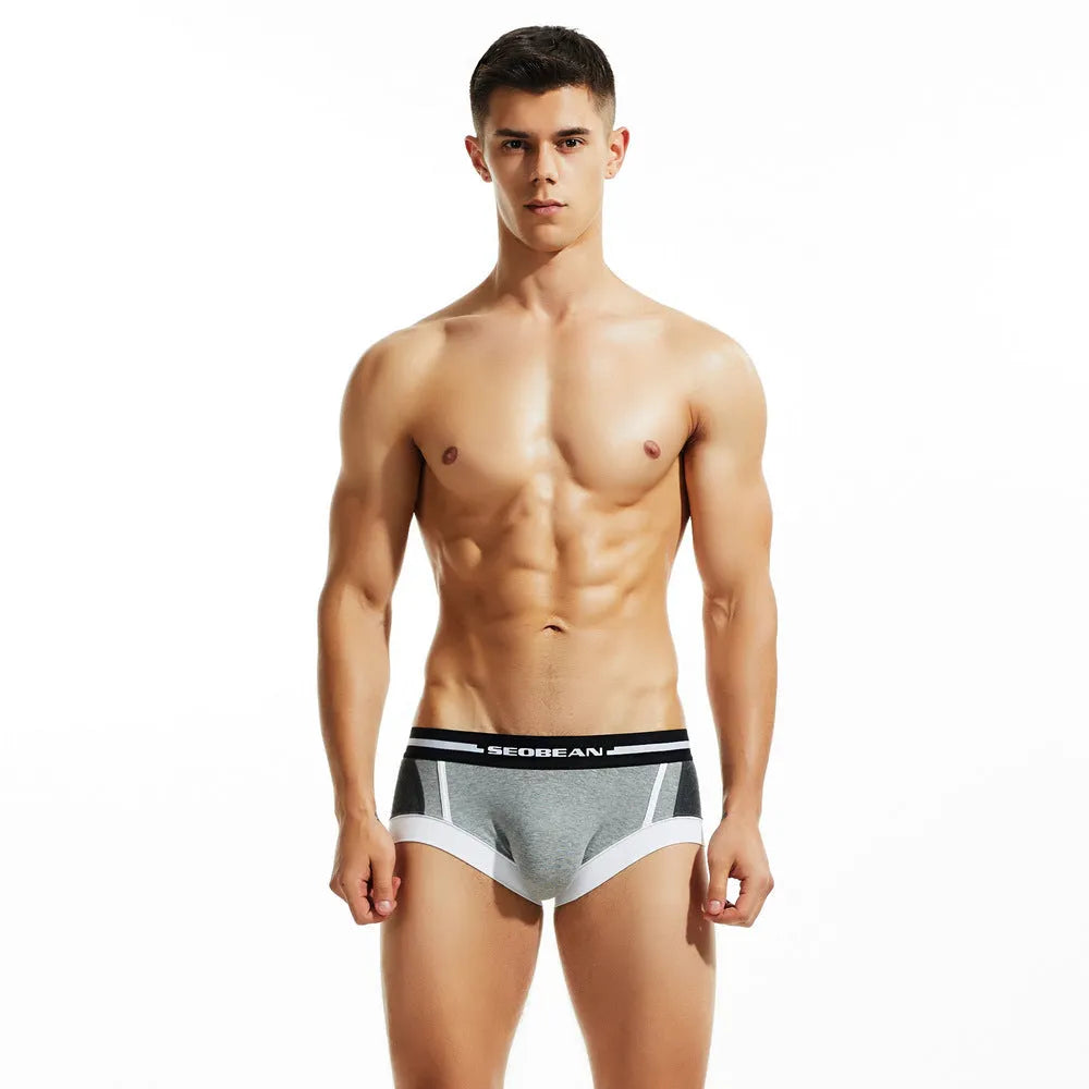 Men's cotton boxer shorts in red, dark blue, or light grey, showing low waist design