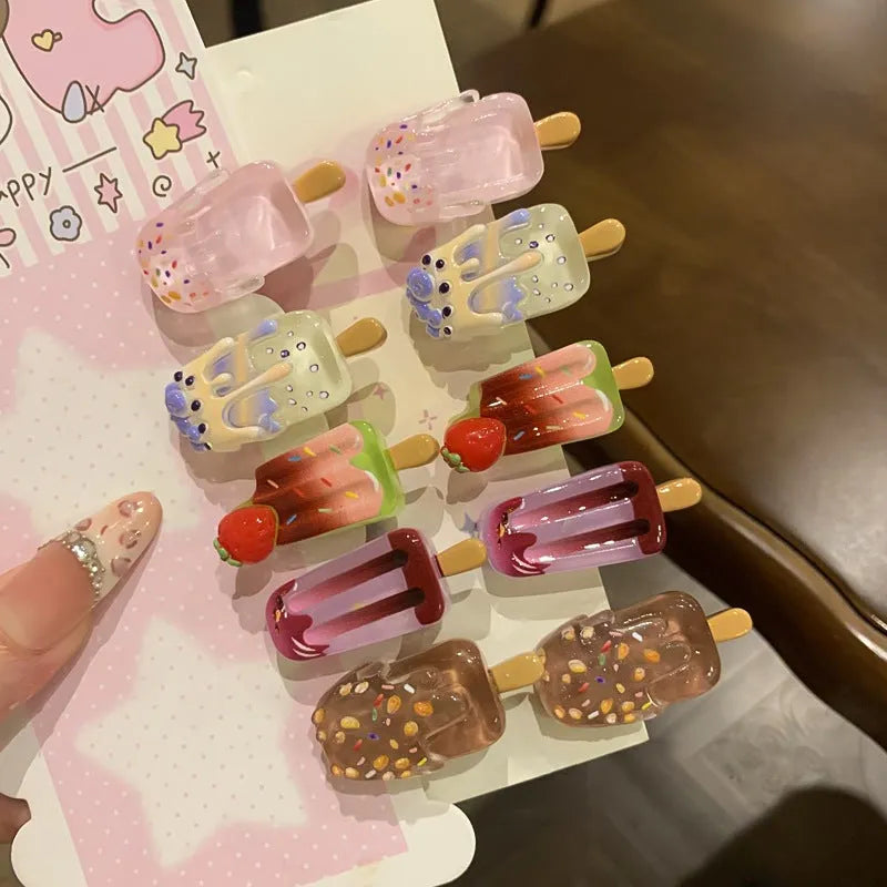 Resin hair clip barrette with cartoon ice cream decoration in sweet girl style.