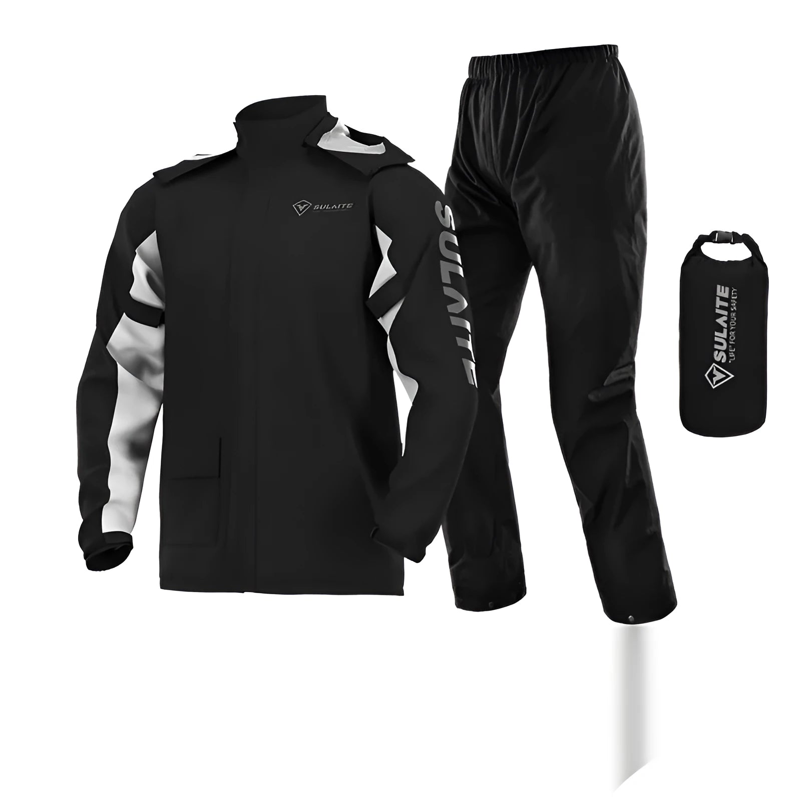 Adult motorcycle raincoat and rain pants suit with hidden shoe covers in a storage bag.