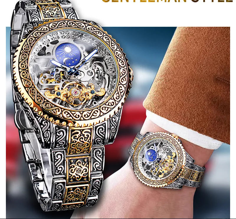Forsining yellow skeleton tourbillon mechanical watch with stainless steel band