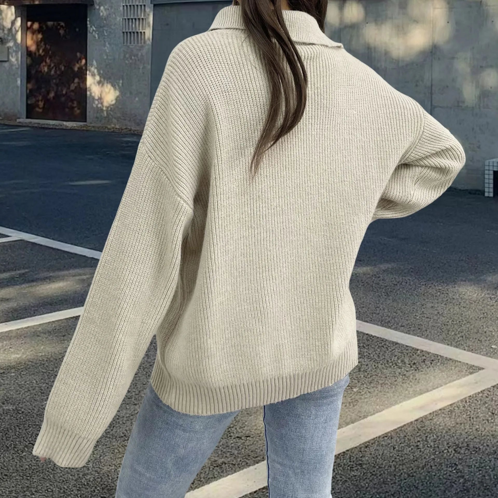 Women's retro alpaca wool pullover sweater with oblique zipper and loose lapel design in light khaki colour