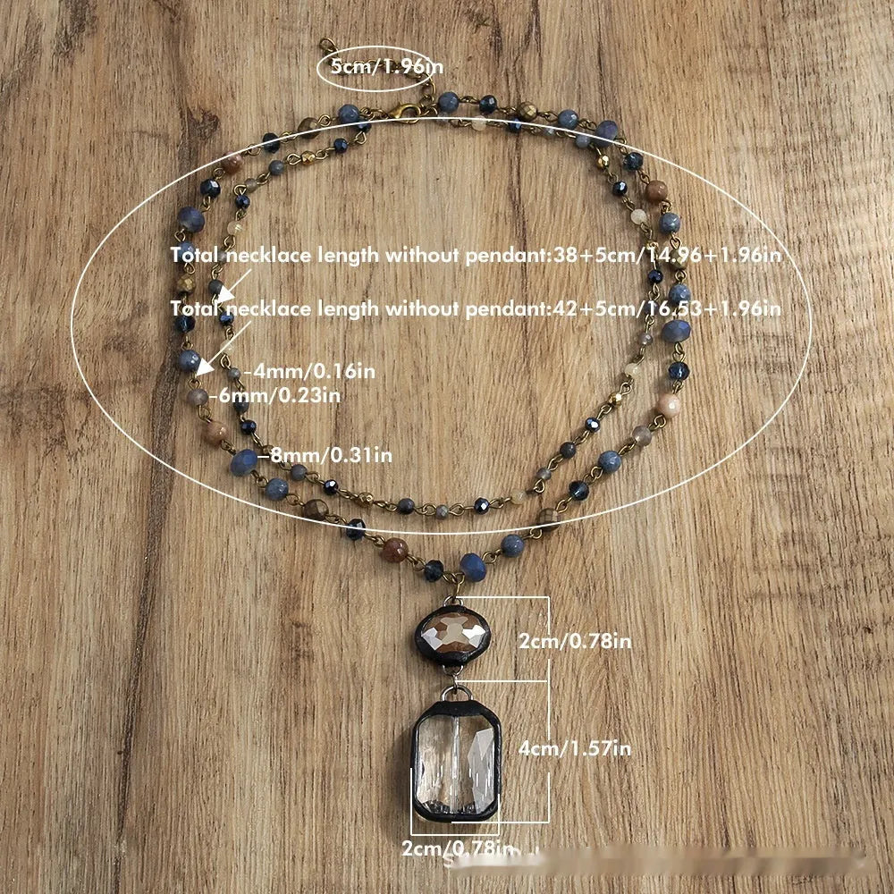 Tribal two-layer necklace with glass pendant and stone elements on adjustable chain