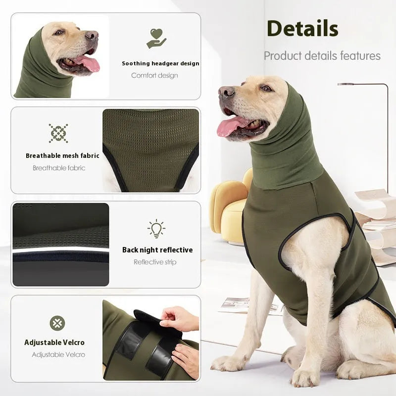 Dog wearing polyester anti-anxiety jacket in army green colour