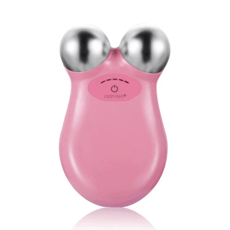 Pink and white micro current facial lifting device for skin firming, showing compact size.