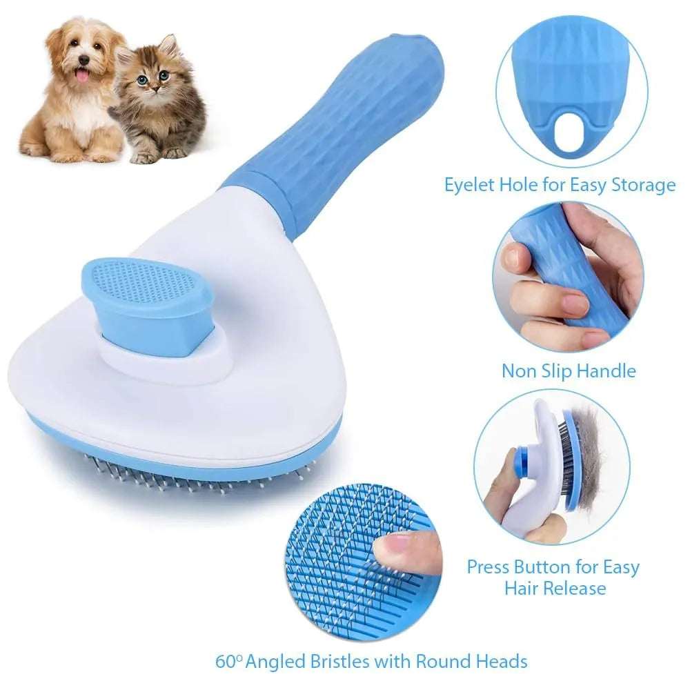 Cat grooming brush with release button in blue, grey, or pink colours with fine wire bristles