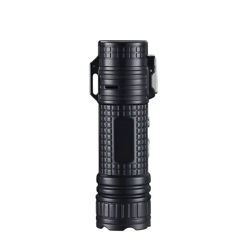 TH727 multi-function metal flashlight lighter showing colour options: black, blue, camouflage, red, yellow