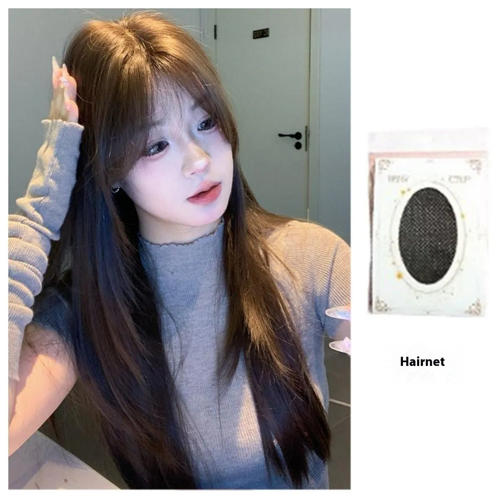 Cold brown long straight layered synthetic wig on a model, showing lace front detail.