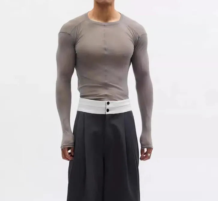 Black slim-fit long sleeve pullover made from ultra-thin see-through PU mesh fabric on a hanger.