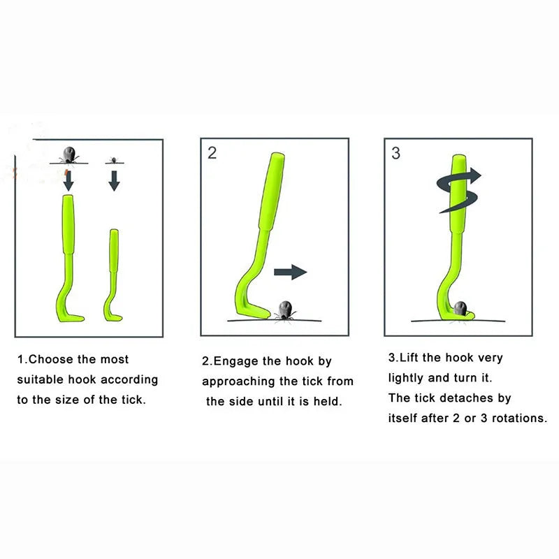 3 pack plastic pet tick removal clips in blue and green colours with hook design