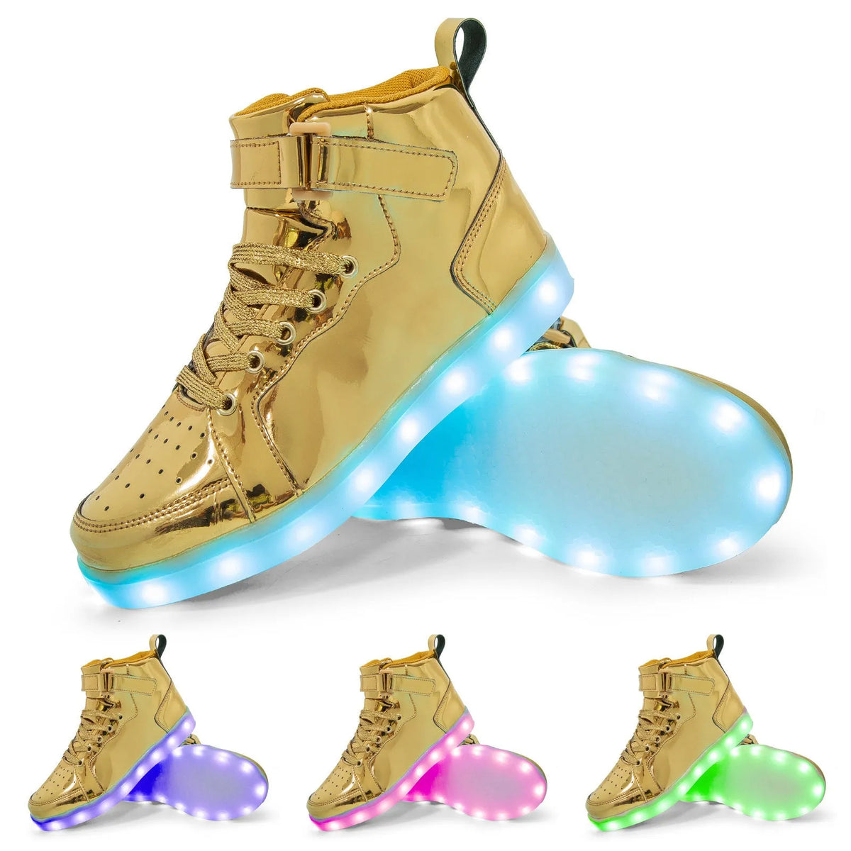 LED light-up high-top dance shoes in black with velcro straps and glowing soles.