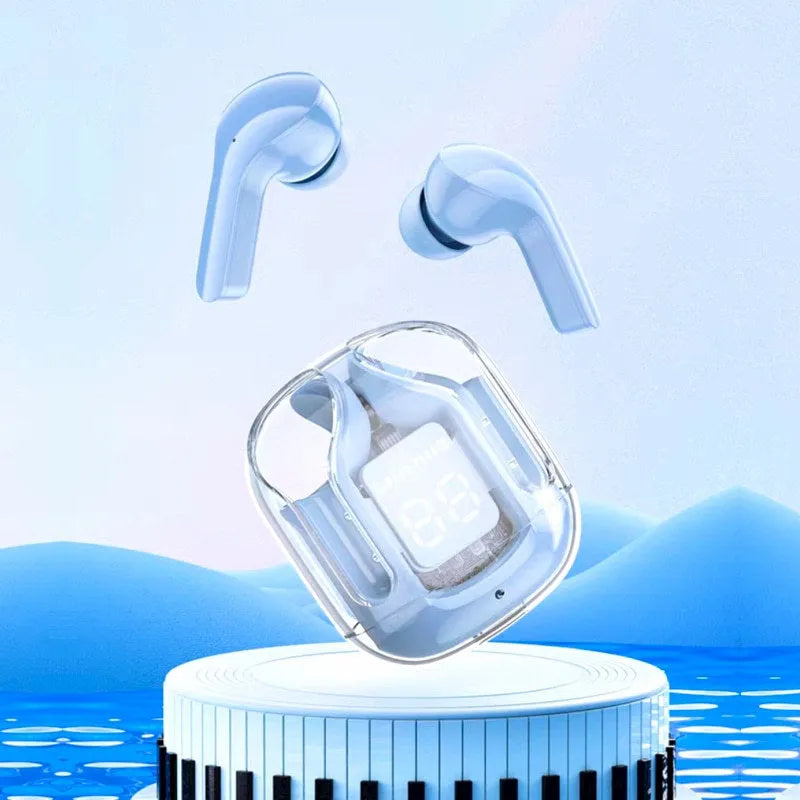 Transparent space capsule case containing true wireless Bluetooth earphones with digital display screen