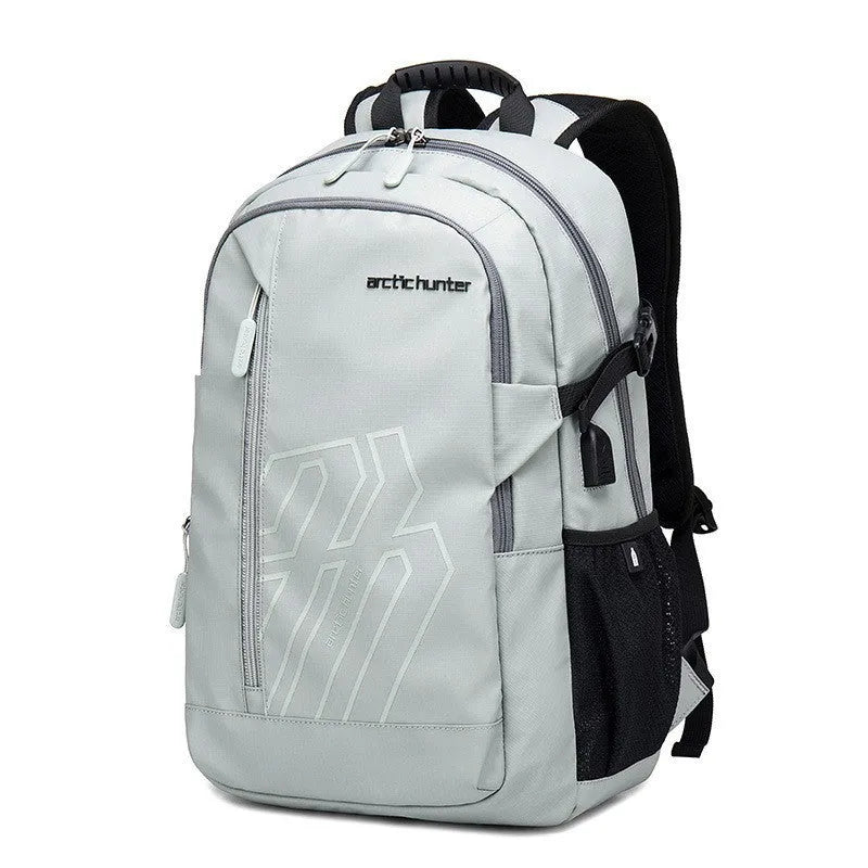 Blue plaid casual 18-inch polyester laptop backpack with curved shoulder strap shown front view.