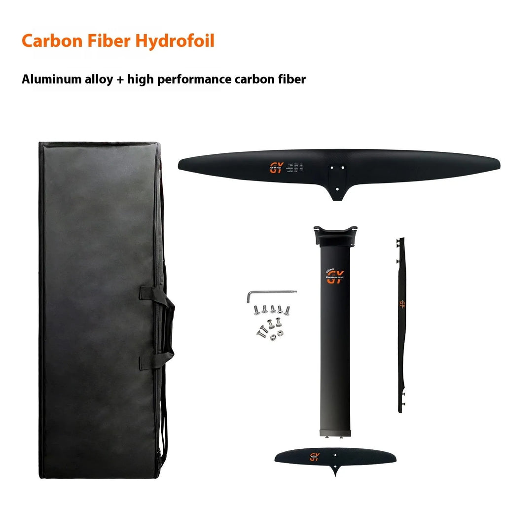 Black carbon fibre and aluminium alloy racing surf hydrofoil with wide front wing.