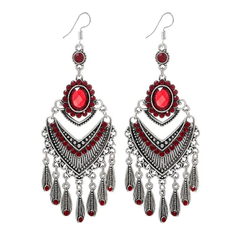Smart water drop purple retro ethnic-style long crystal fringe earrings with alloy drop shape