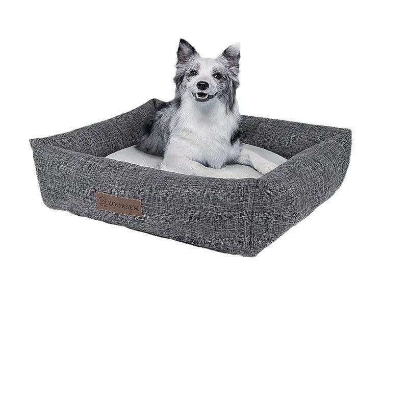 Linen square pet bed for dogs in grey plaid colour with autumn winter seasonal design