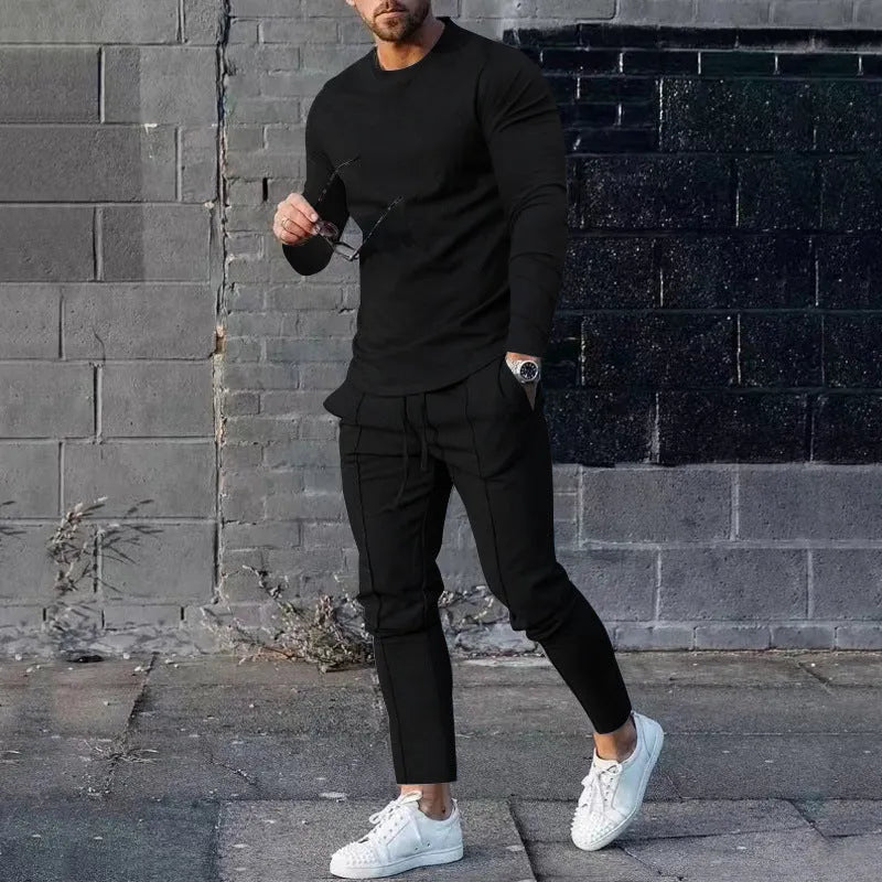 Men's solid colour polyester two-piece lounge set with long sleeve T-shirt and trousers