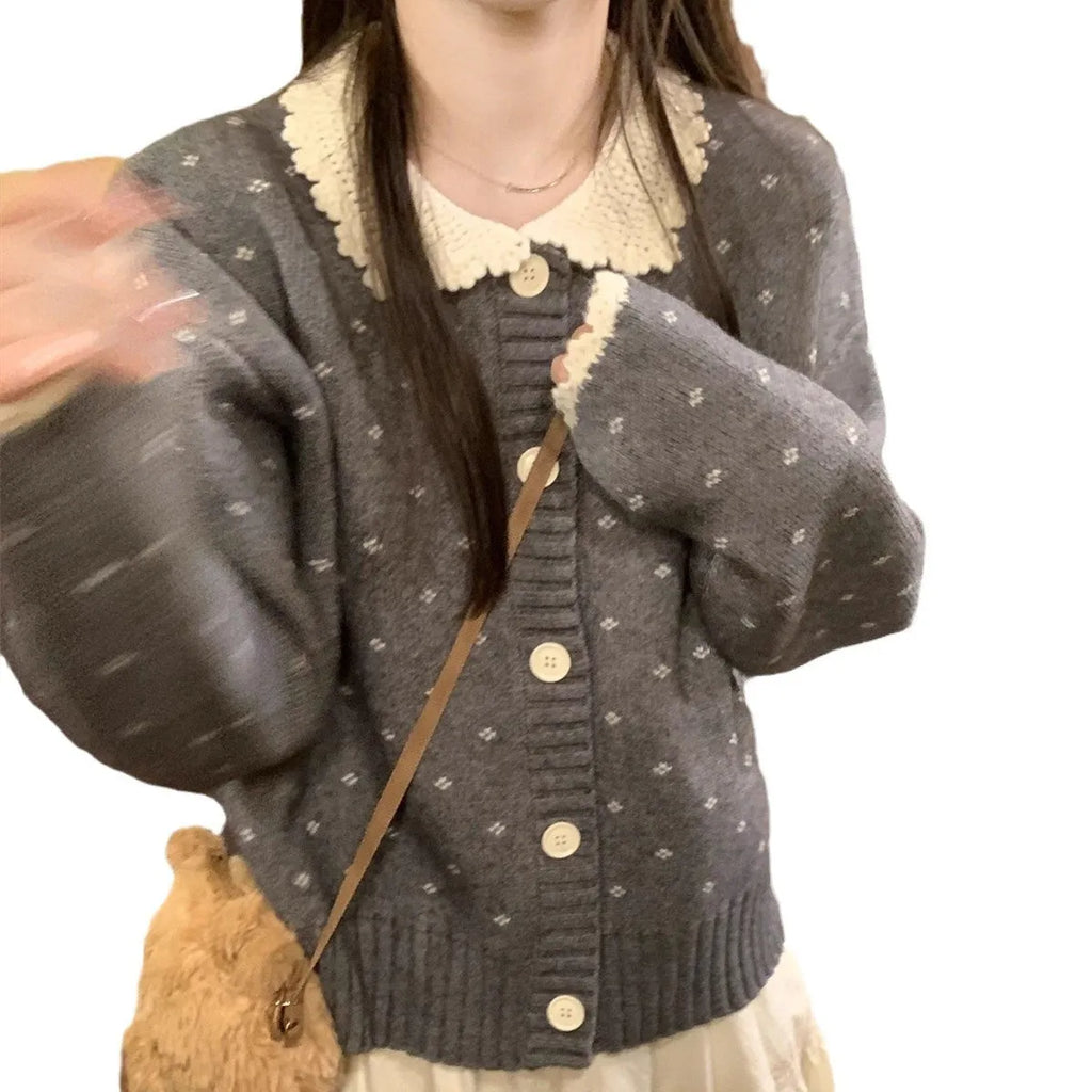 Retro Peter Pan collar floral knit cardigan coat in grey, apricot, or navy blue.