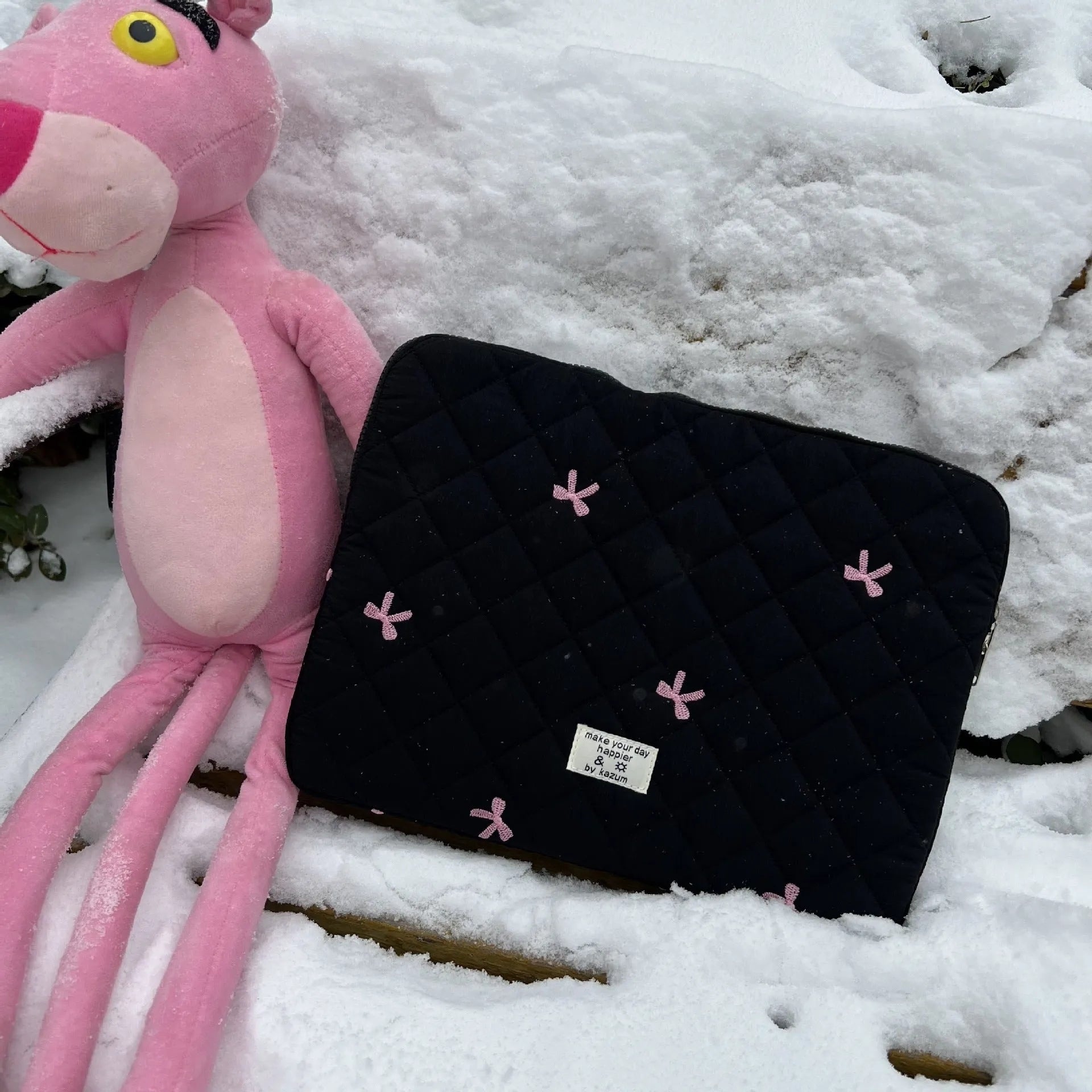 Rhombus embroidered bow laptop storage bag in nylon material with size options for 11-inch to 15.6-inch devices
