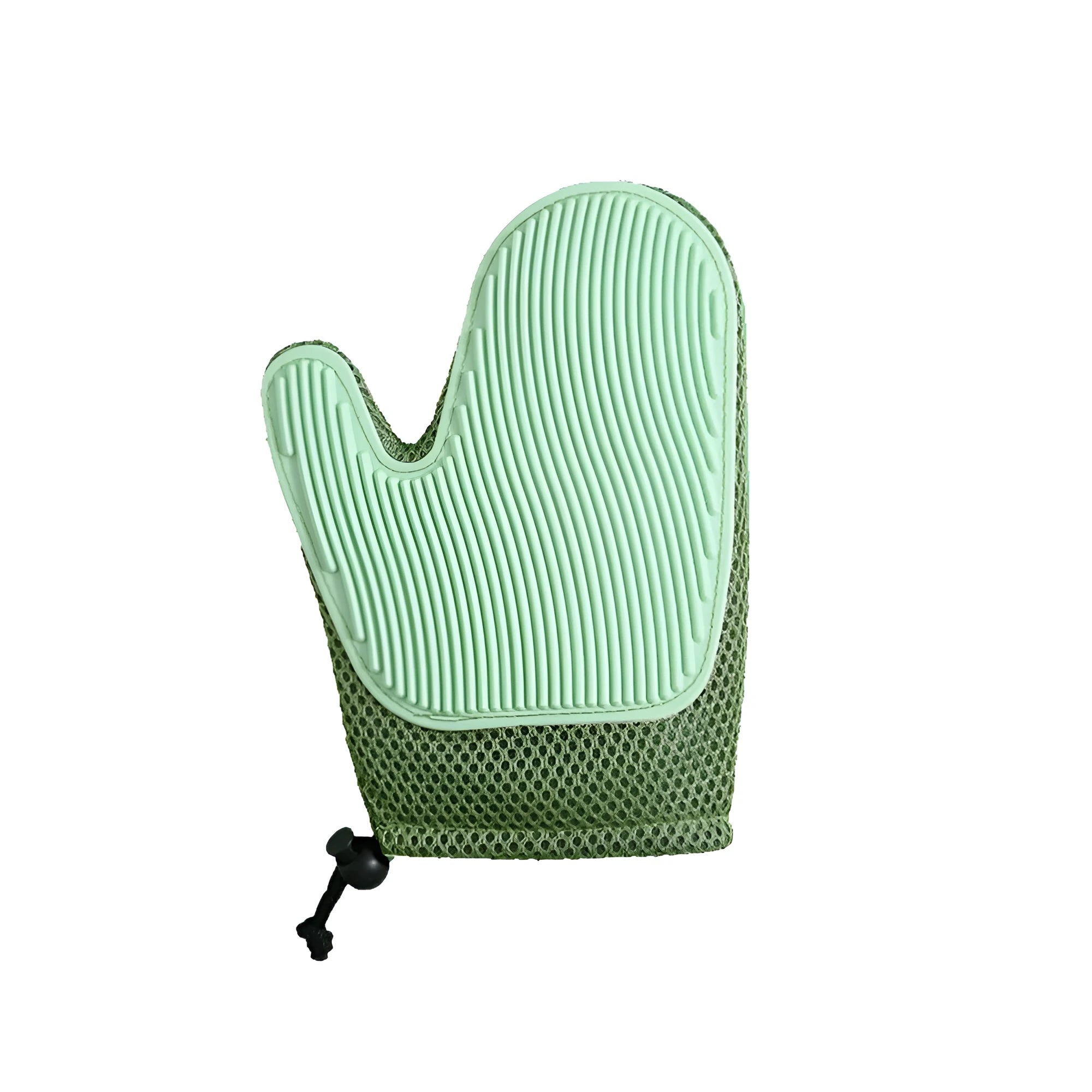 Right hand pet hair remover glove in dark blue, light green, or yellow on a fabric sofa.
