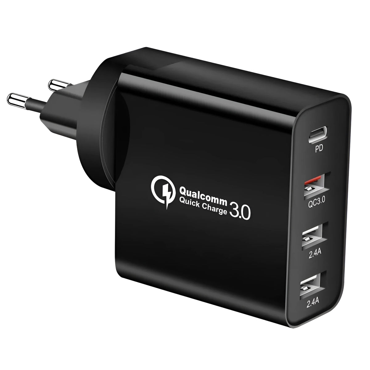 White and black multi-port USB fast wall charger with PD and QC 3.0 support on a table.