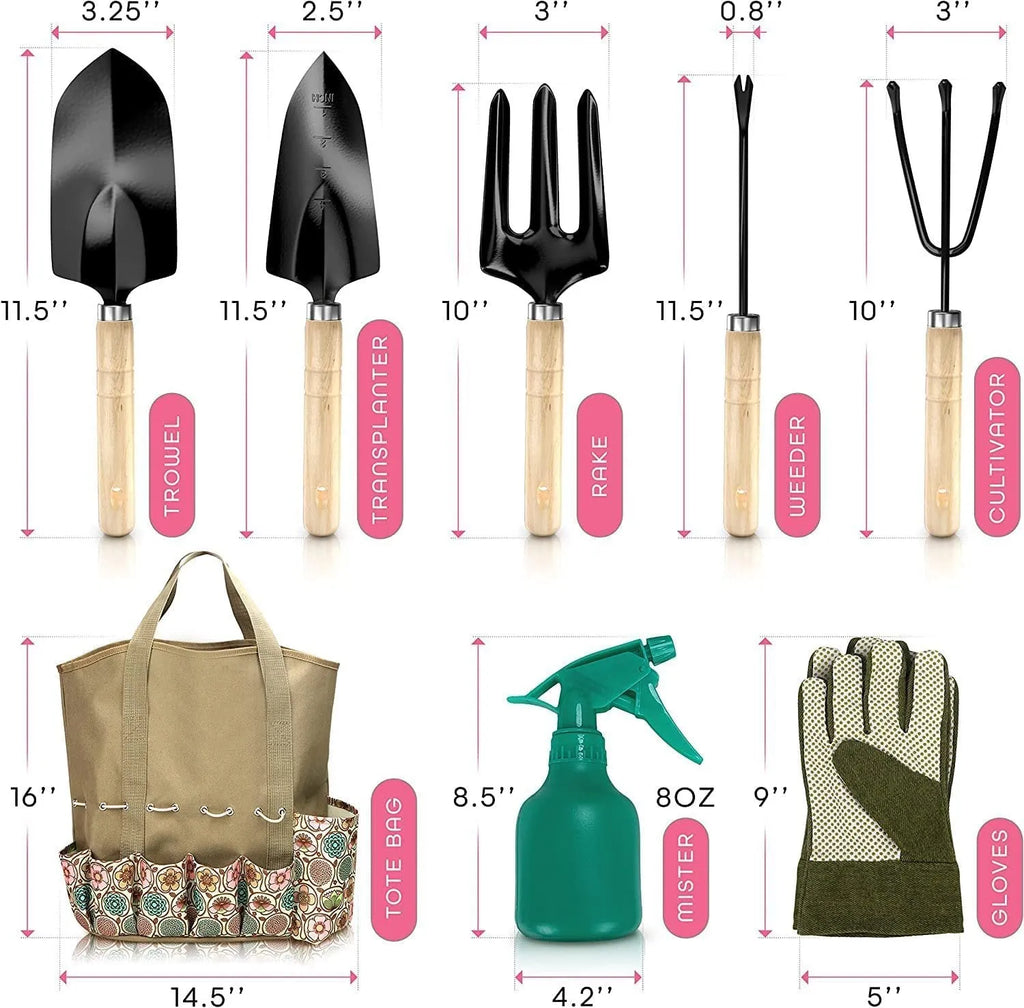 Set of eight stainless steel gardening hand tools including a trowel, weeder, and cultivator on a surface.