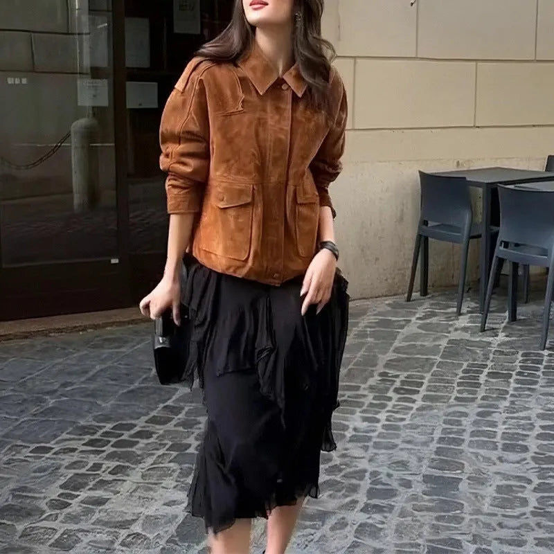 Women's brown polyester suede coat with regular sleeves in street chic style