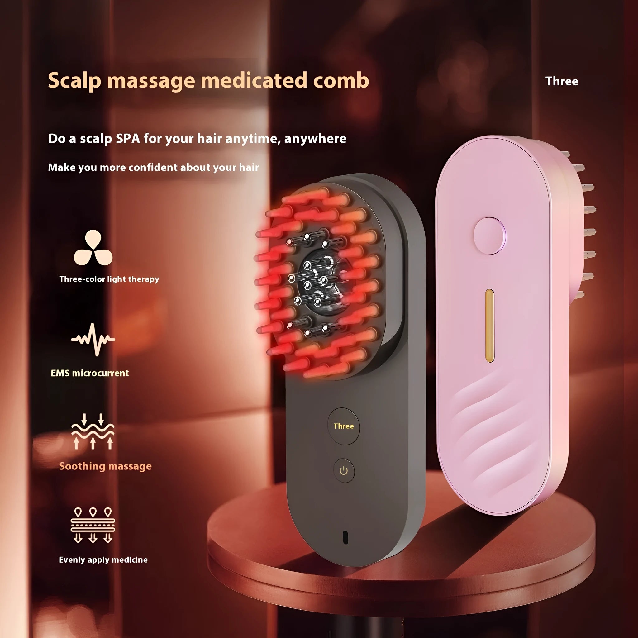 Smart massage comb with red light therapy function in black and pink colour options