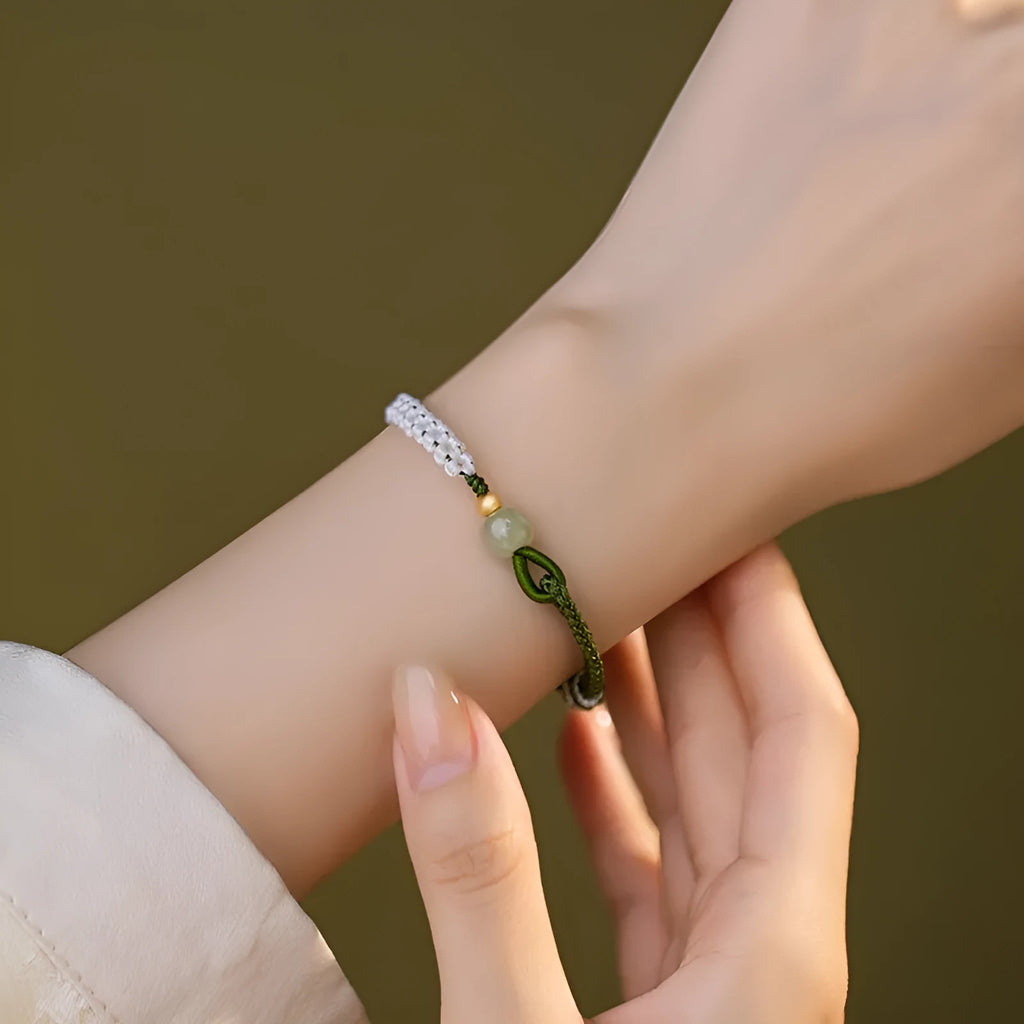 Hetian jade and sterling silver national tide bracelet with adjustable cord strap in spring green