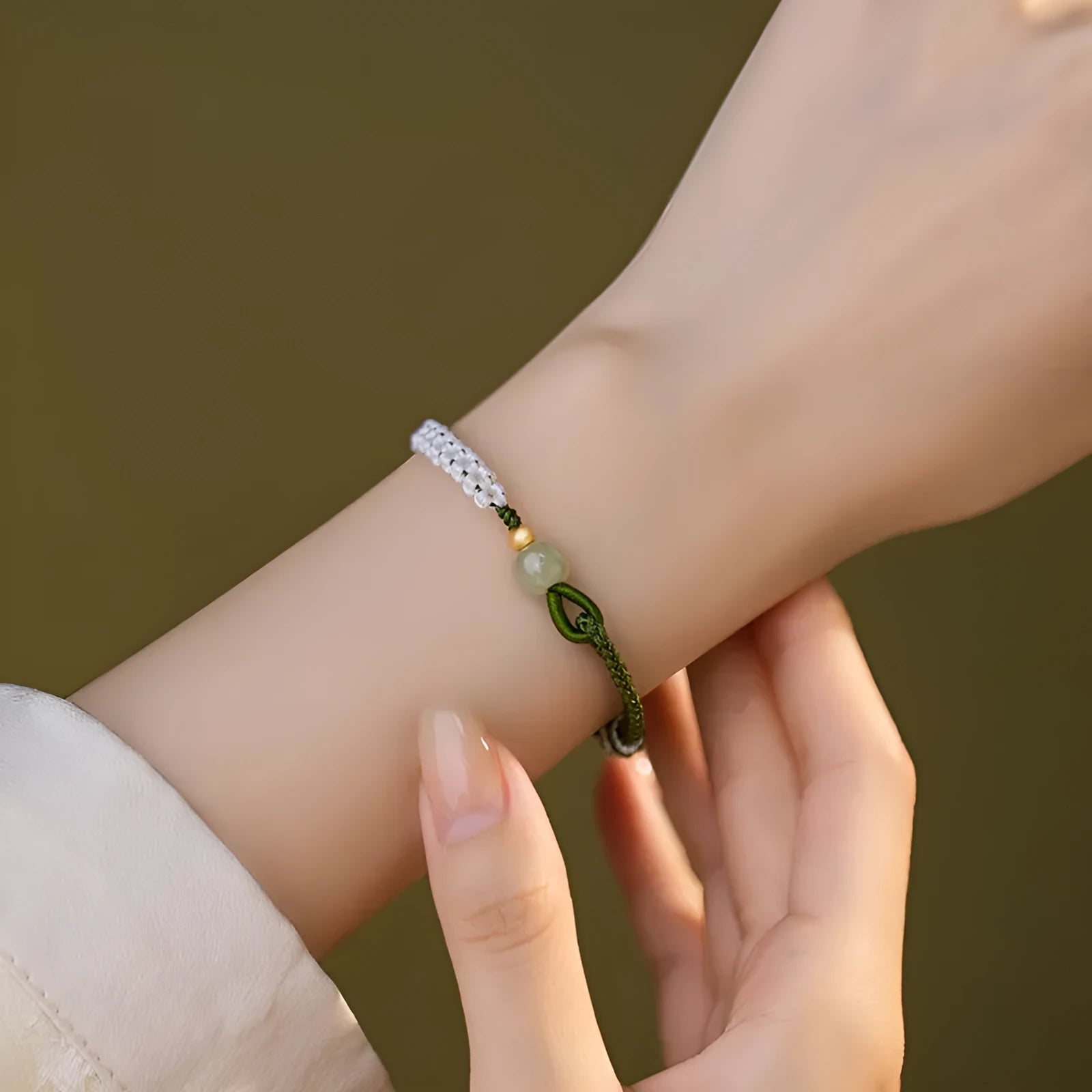 Hetian jade and sterling silver national tide bracelet with adjustable cord strap in spring green