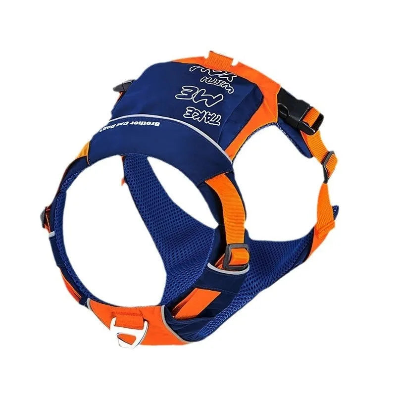 Dog wearing orange blue vest harness with chest and back attachment rings