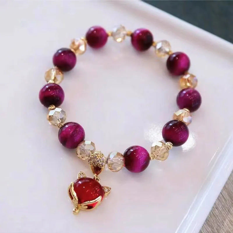 Handmade Tigereye stone bracelet on adjustable chain with fox charm pendant