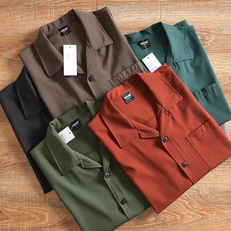 Men's lightweight loose short sleeve shirt in army green colour with cardigan styling