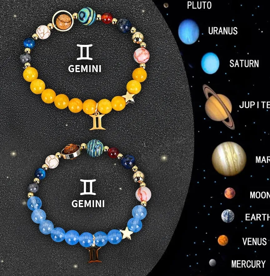 Natural stone beaded zodiac bracelet set showing adjustable elastic cord and twelve astrology sign designs