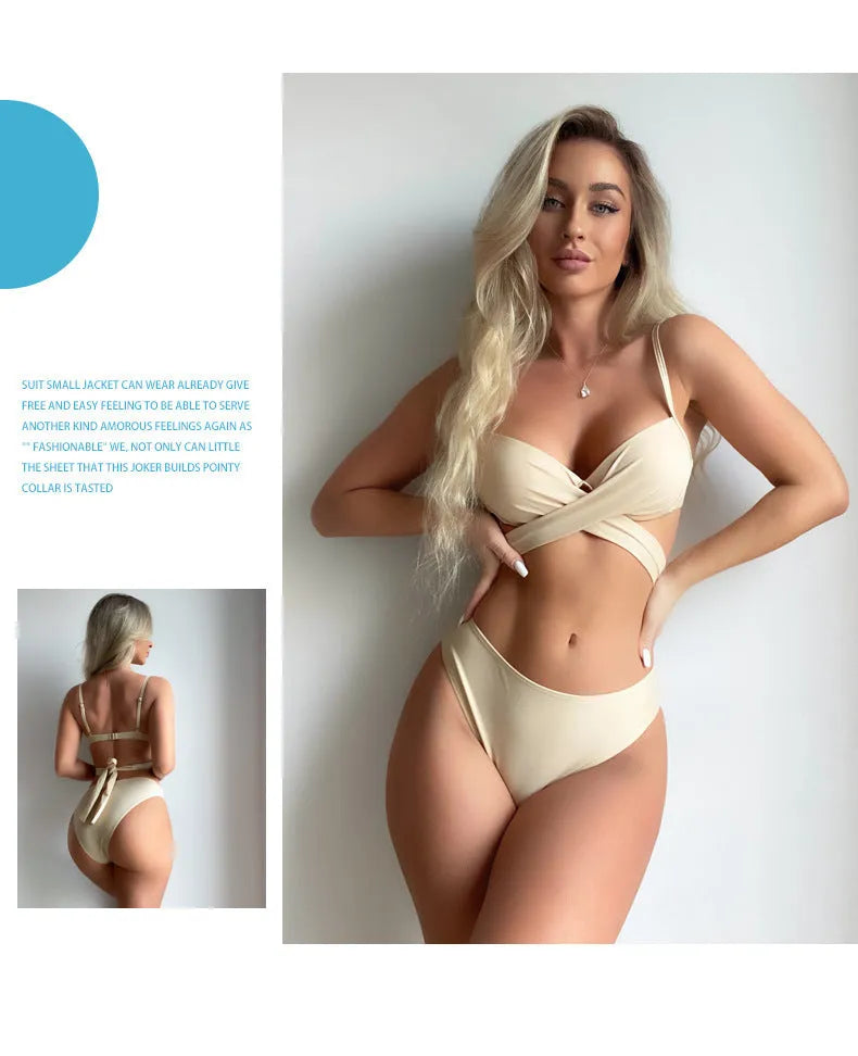 Women's three-piece bikini set with backless push-up top and skirt in solid colour