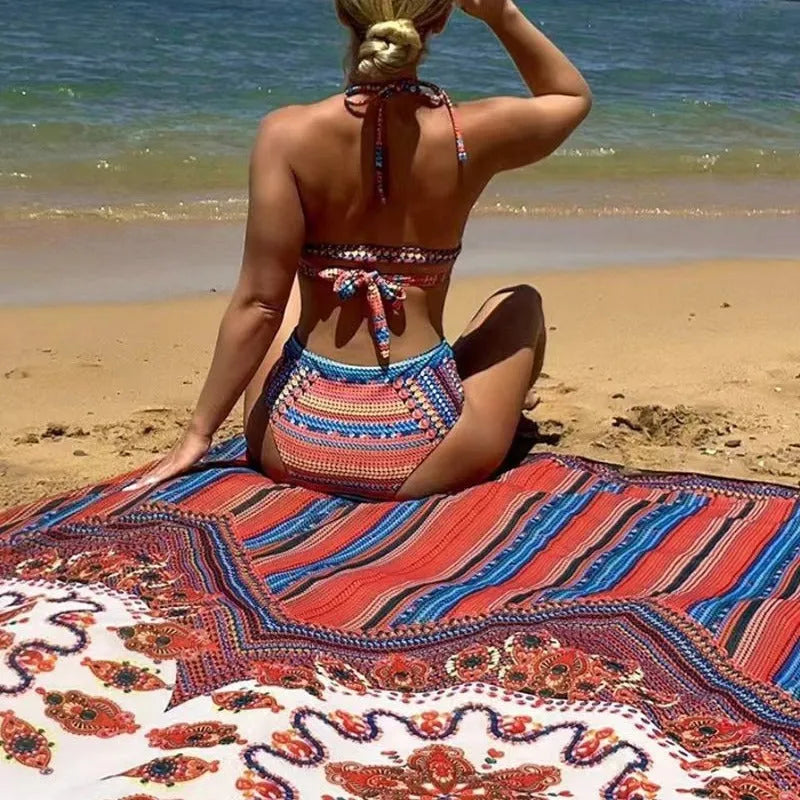 Women's three-piece swimsuit set showing high-waist briefs, a sleeveless cutout blouse, and a coat in picture colour.