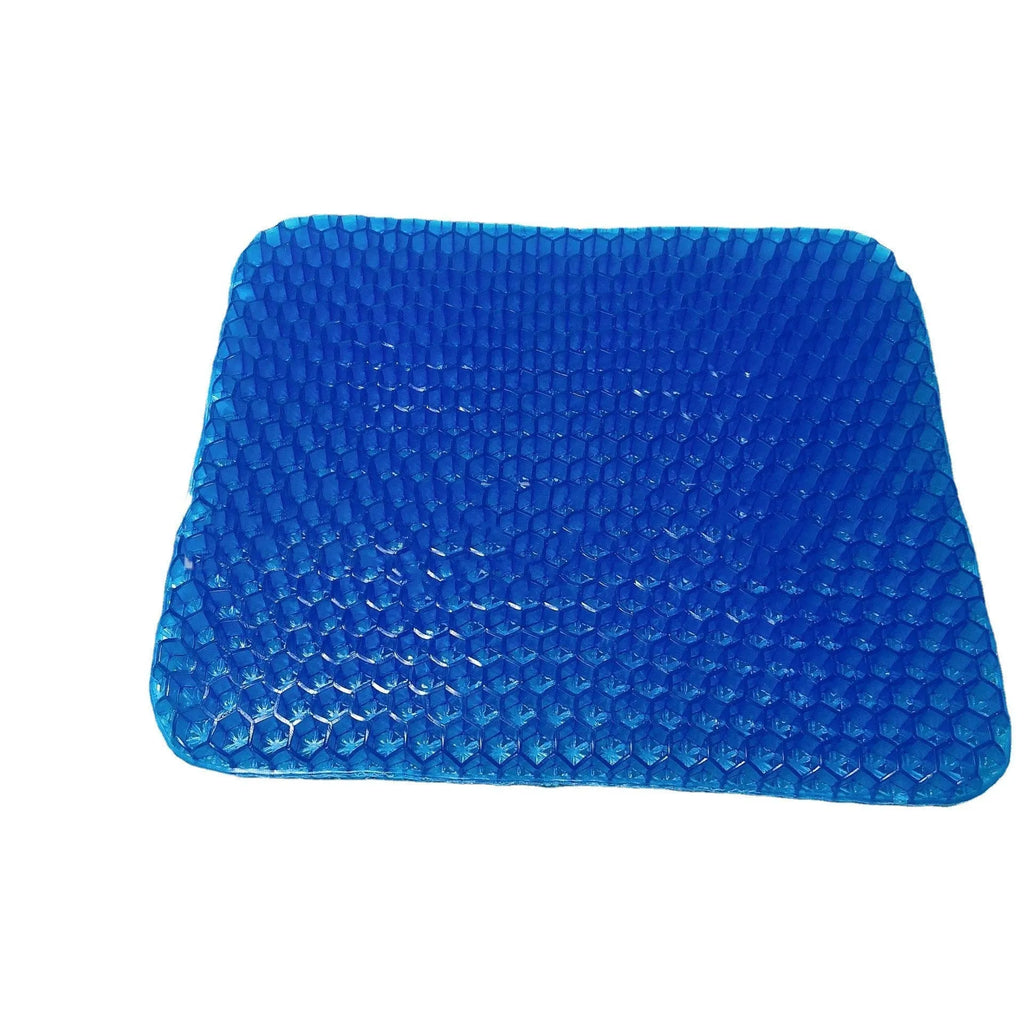 Gel seat cushion with honeycomb pattern showing removable cover and double-thick construction