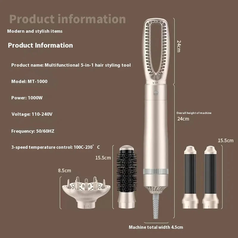 Champagne gold hot air comb hair curler with five-in-one heated attachments for multi-function styling