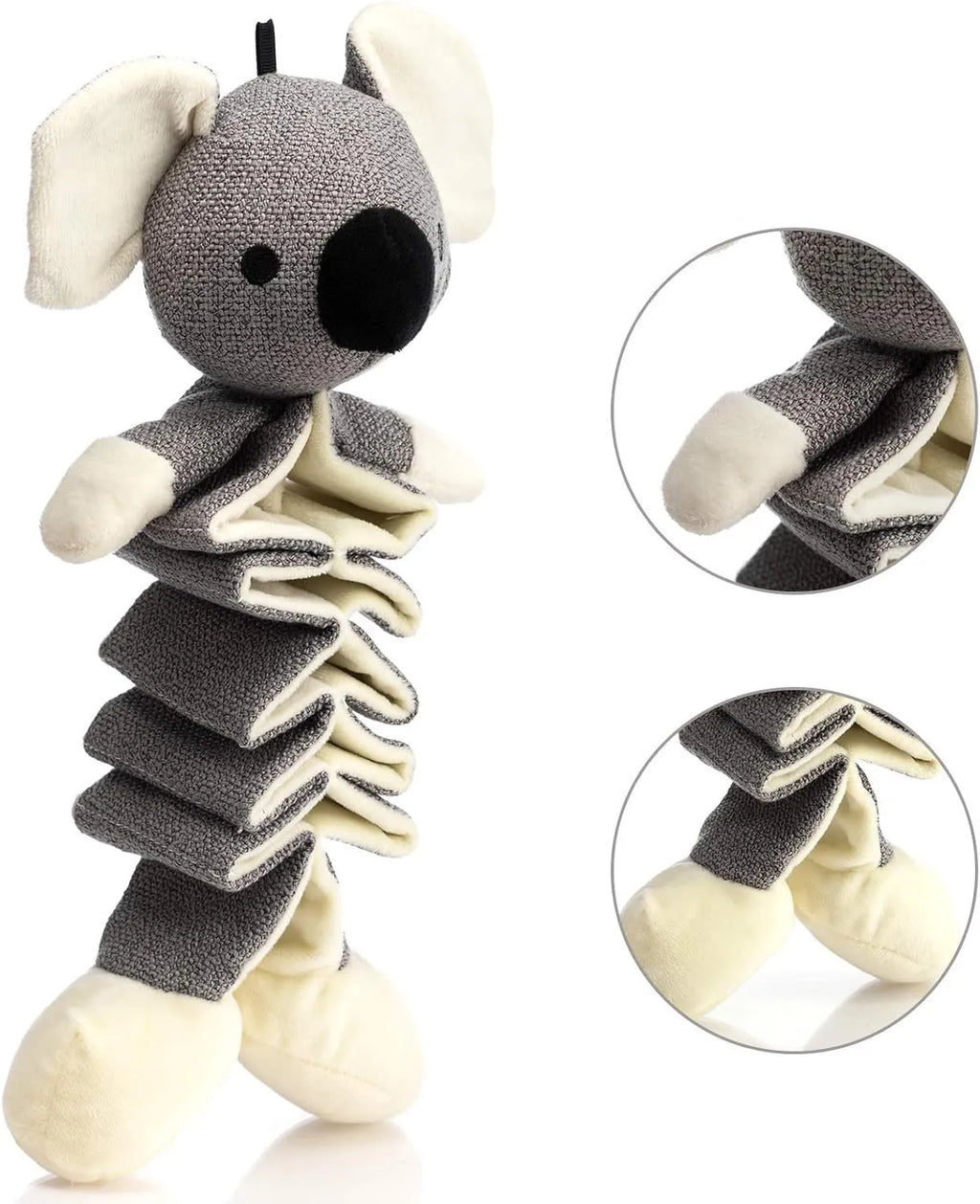 Gray koala plush dog toy with crinkle paper and squeaker, measuring 30cm long.
