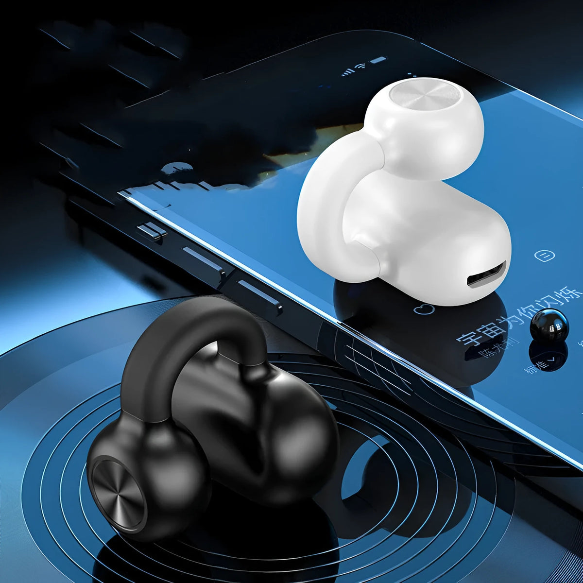 Black clip-on wireless bone conduction Bluetooth headset for sports, shown with charging cable.