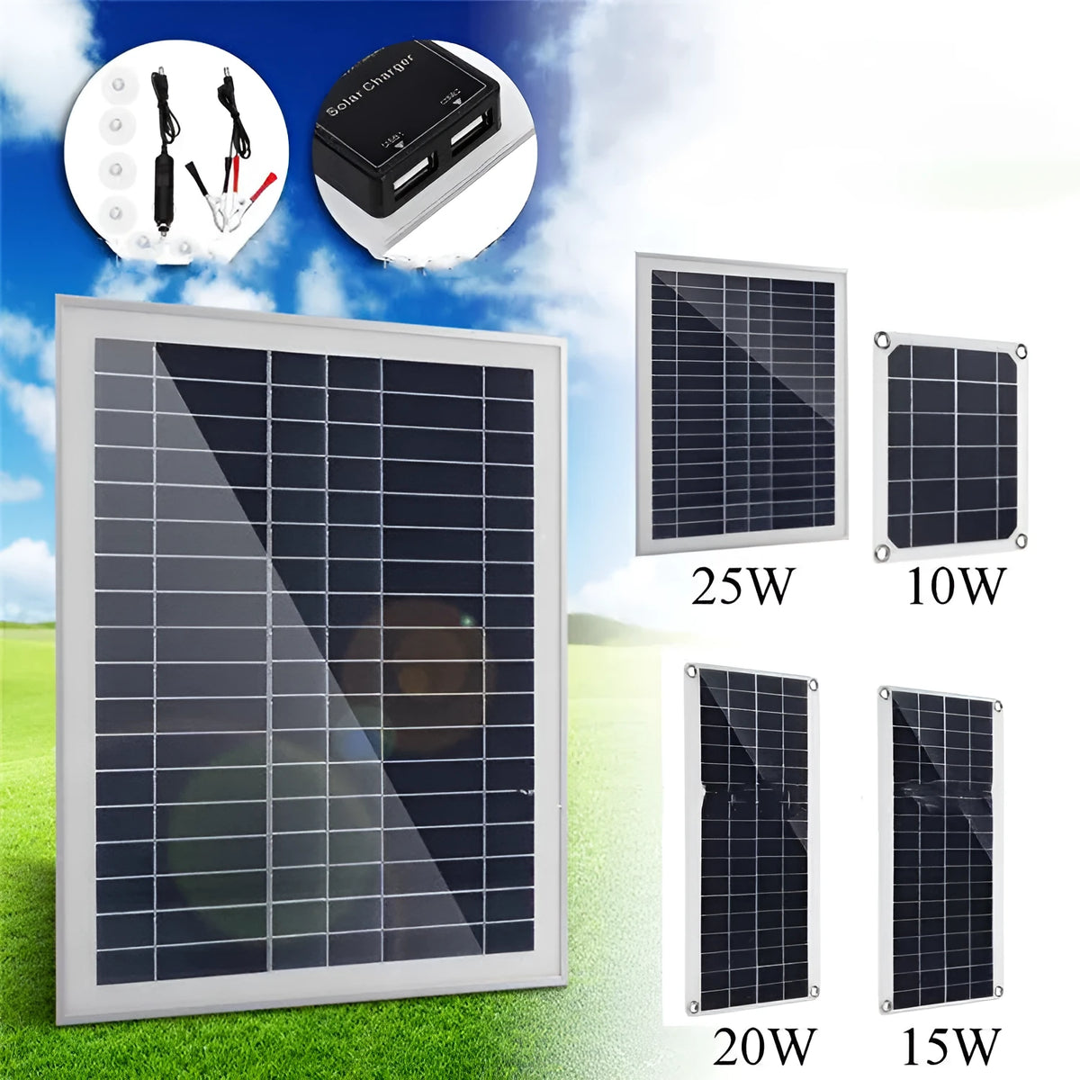 Polycrystalline silicon solar panel with dual USB ports for outdoor charging of mobile phones and tablets.